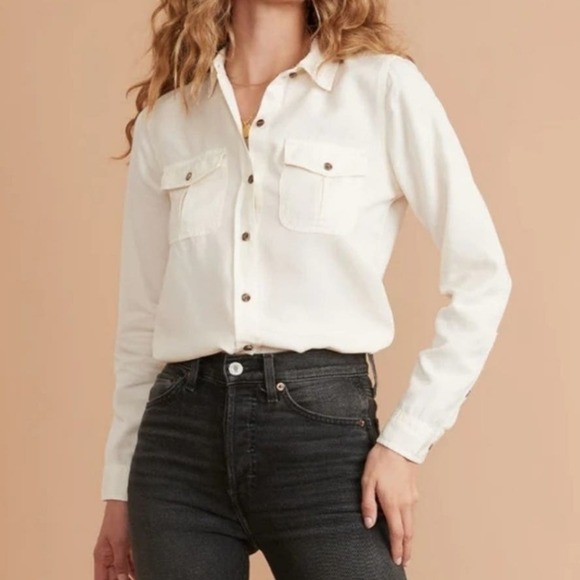Marine Layer Cheyenne Tencel Relaxed Utility Shirt S Soft White Long Sleeve - Picture 2 of 9